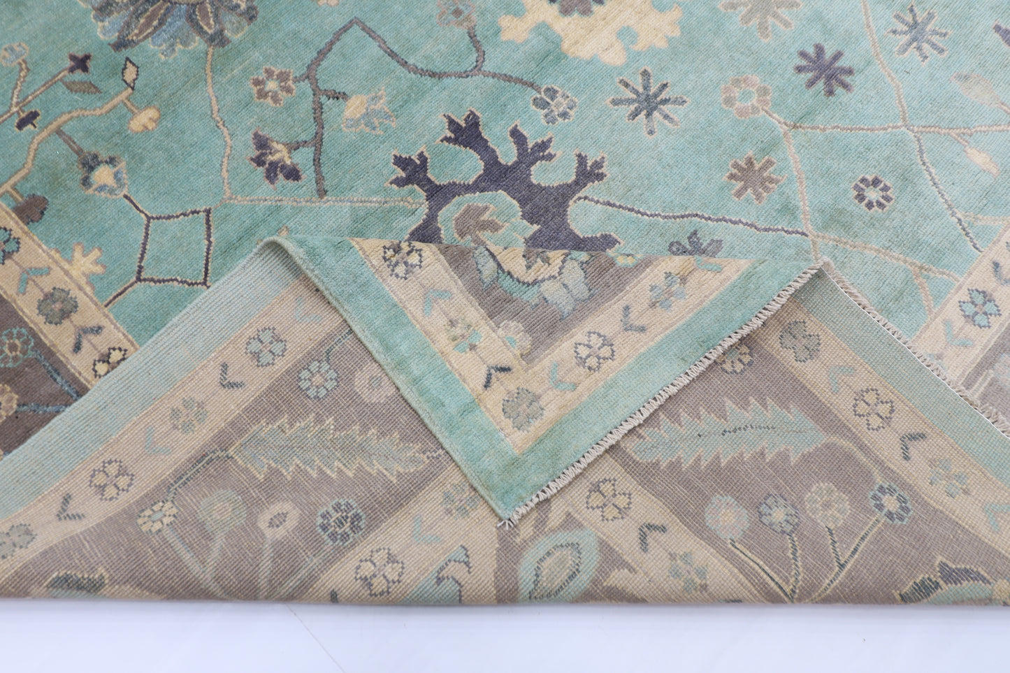 278 x 365 cm | Oushak Green Handmade Afghan Area Rug Hand Knotted Carpet Living Room Rug