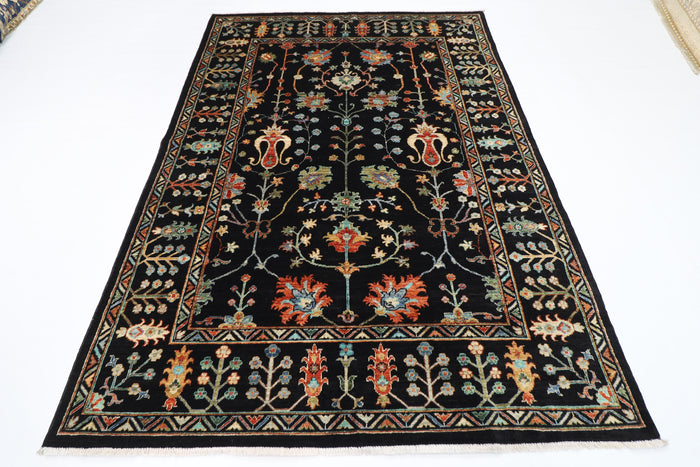 175 x 247 cm | Oriental Floral Black Area Rug Afghan Hand Knotted Veg Dye Wool carpet