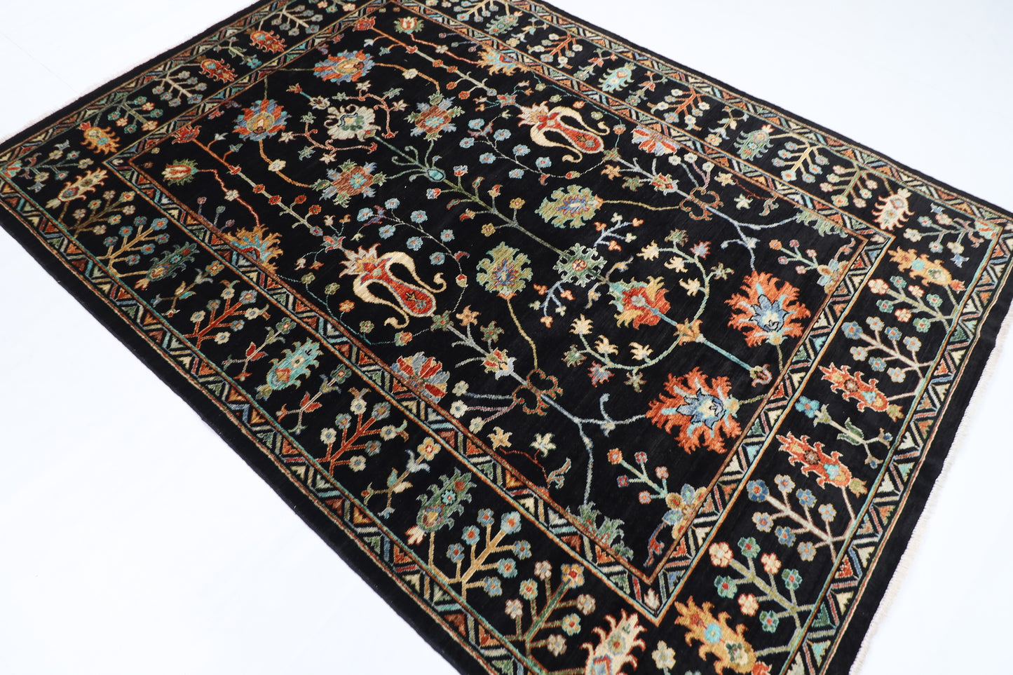 175 x 247 cm | Oriental Floral Black Area Rug Afghan Hand Knotted Veg Dye Wool carpet