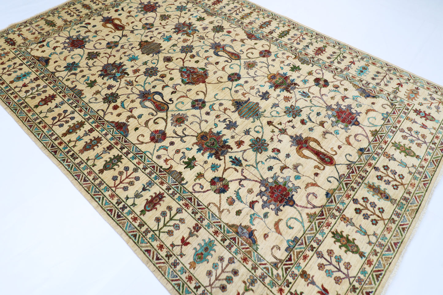 208 x 307 cm | Sultani Beige Handmade Afghan Area Rug Hand Knotted Carpet Living Room Rug