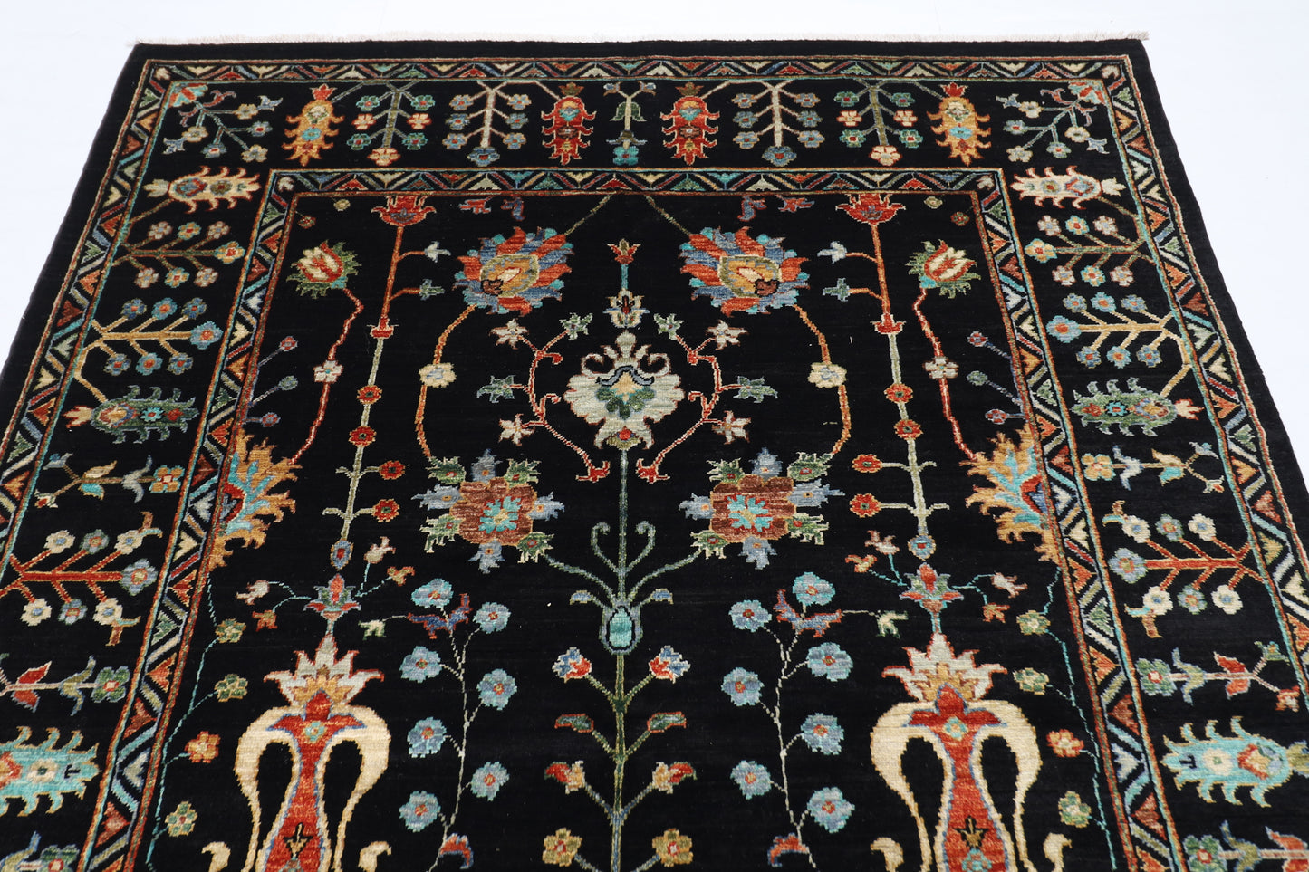 175 x 247 cm | Oriental Floral Black Area Rug Afghan Hand Knotted Veg Dye Wool carpet