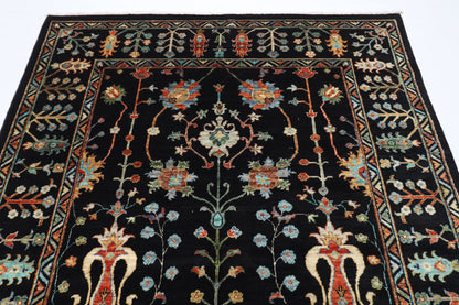 175 x 247 cm | Oriental Floral Black Area Rug Afghan Hand Knotted Veg Dye Wool carpet