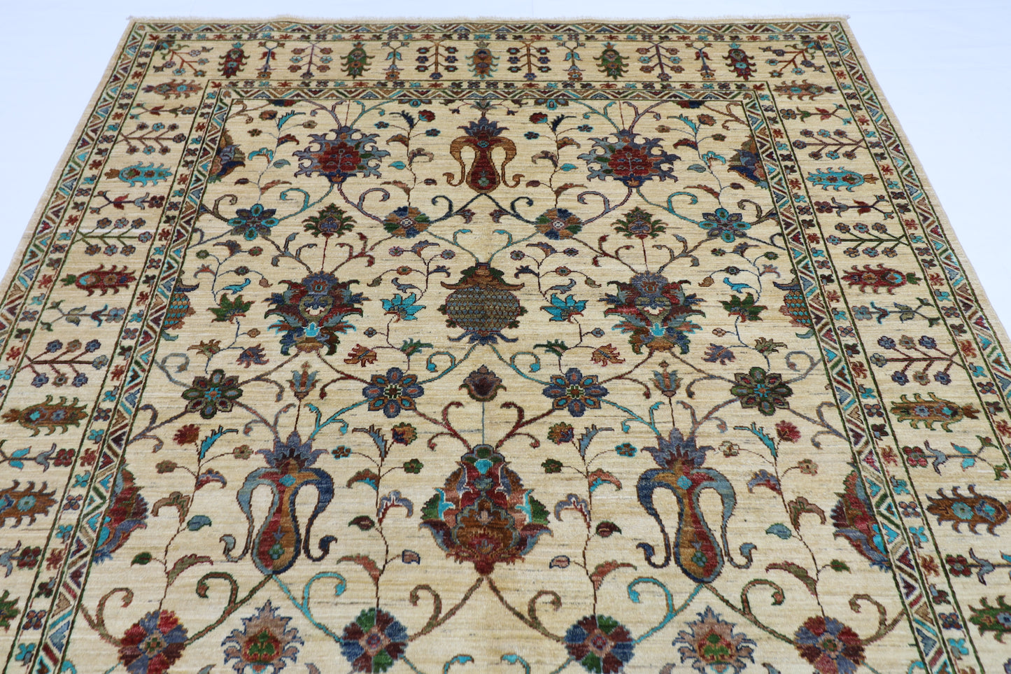 208 x 307 cm | Sultani Beige Handmade Afghan Area Rug Hand Knotted Carpet Living Room Rug