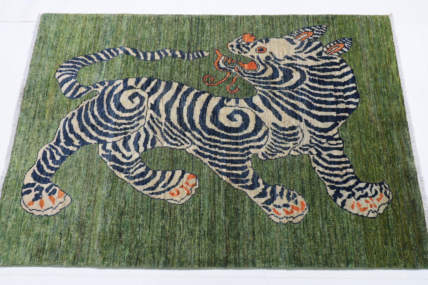 101 x 149 cm | Tiger Green Area Rug Afghan Hand Knotted veg Dye Wool carpet