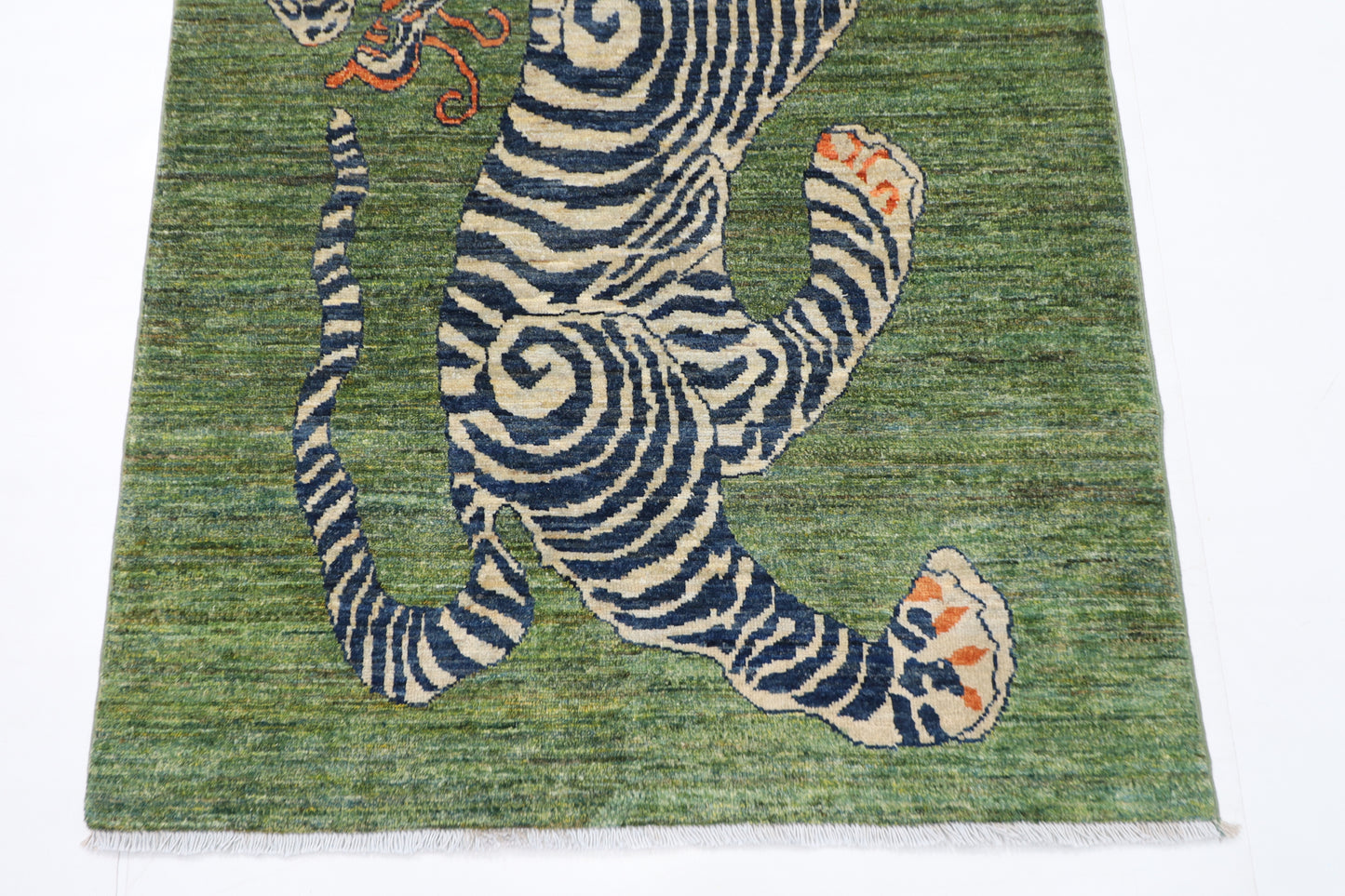 101 x 149 cm | Tiger Green Area Rug Afghan Hand Knotted veg Dye Wool carpet