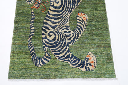 101 x 149 cm | Tiger Green Area Rug Afghan Hand Knotted veg Dye Wool carpet