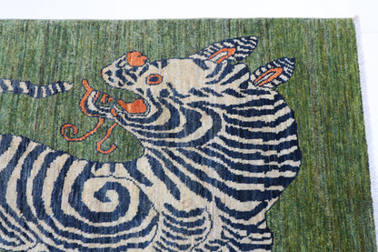 101 x 149 cm | Tiger Green Area Rug Afghan Hand Knotted veg Dye Wool carpet
