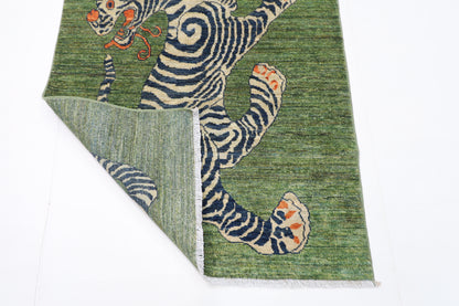 101 x 149 cm | Tiger Green Area Rug Afghan Hand Knotted veg Dye Wool carpet