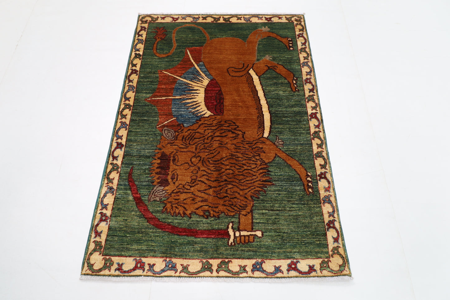 103 x 148 cm | Tribal Lion Green Area Rug Afghan Hand Knotted veg Dye Wool carpet