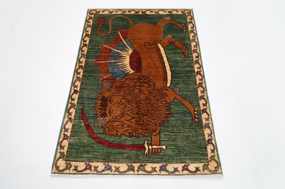 103 x 148 cm | Tribal Lion Green Area Rug Afghan Hand Knotted veg Dye Wool carpet