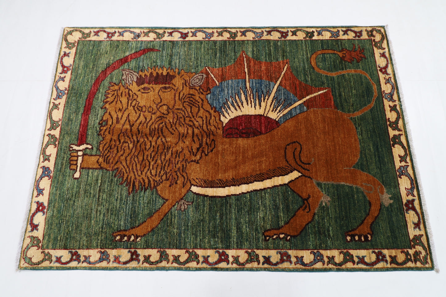 103 x 148 cm | Tribal Lion Green Area Rug Afghan Hand Knotted veg Dye Wool carpet