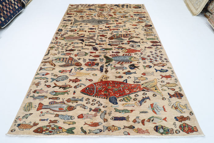 198 x 297 cm | Oriental Fish beige Area Rug Afghan Hand Knotted Veg Dye Wool carpet