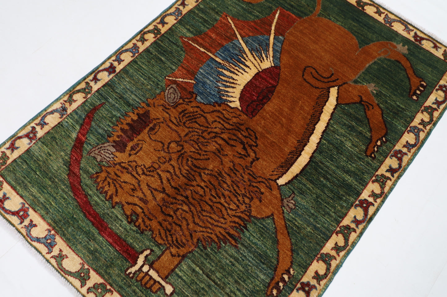 103 x 148 cm | Tribal Lion Green Area Rug Afghan Hand Knotted veg Dye Wool carpet