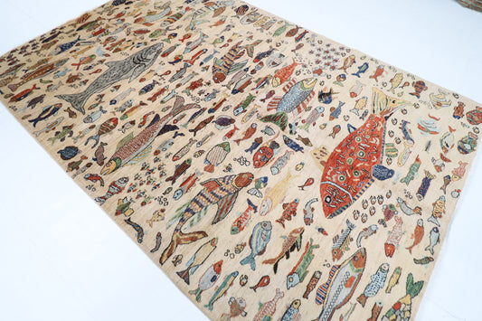 198 x 297 cm | Oriental Fish beige Area Rug Afghan Hand Knotted Veg Dye Wool carpet