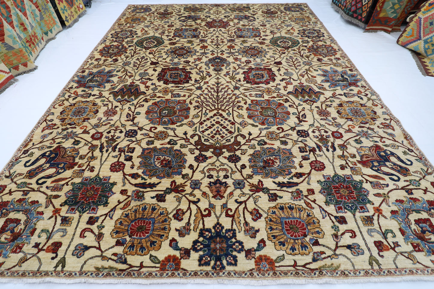 305 x 420 cm | Beige Floral Handmade Afghan Area Rug Hand Knotted Carpet Living Room Rug