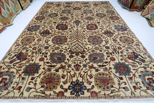 305 x 420 cm | Beige Floral Handmade Afghan Area Rug Hand Knotted Carpet Living Room Rug