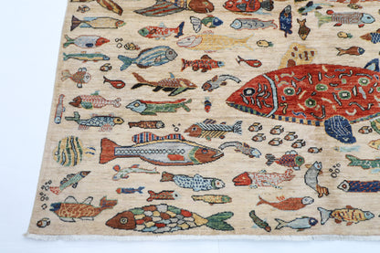 198 x 297 cm | Oriental Fish beige Area Rug Afghan Hand Knotted Veg Dye Wool carpet