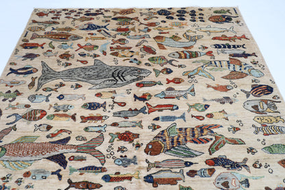 198 x 297 cm | Oriental Fish beige Area Rug Afghan Hand Knotted Veg Dye Wool carpet