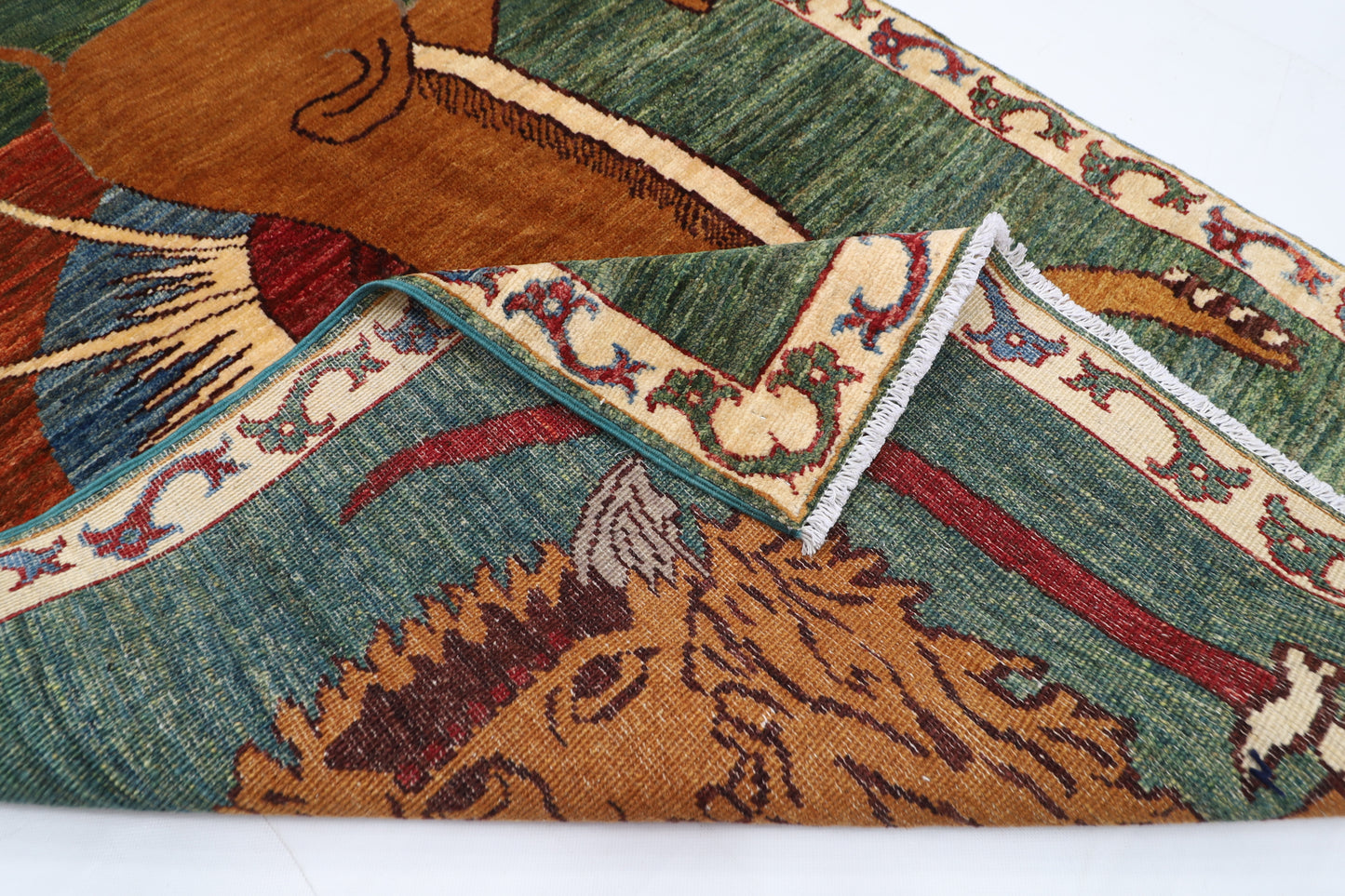 103 x 148 cm | Tribal Lion Green Area Rug Afghan Hand Knotted veg Dye Wool carpet