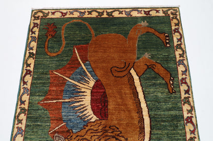 103 x 148 cm | Tribal Lion Green Area Rug Afghan Hand Knotted veg Dye Wool carpet