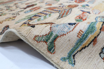198 x 297 cm | Oriental Fish beige Area Rug Afghan Hand Knotted Veg Dye Wool carpet