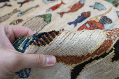 198 x 297 cm | Oriental Fish beige Area Rug Afghan Hand Knotted Veg Dye Wool carpet