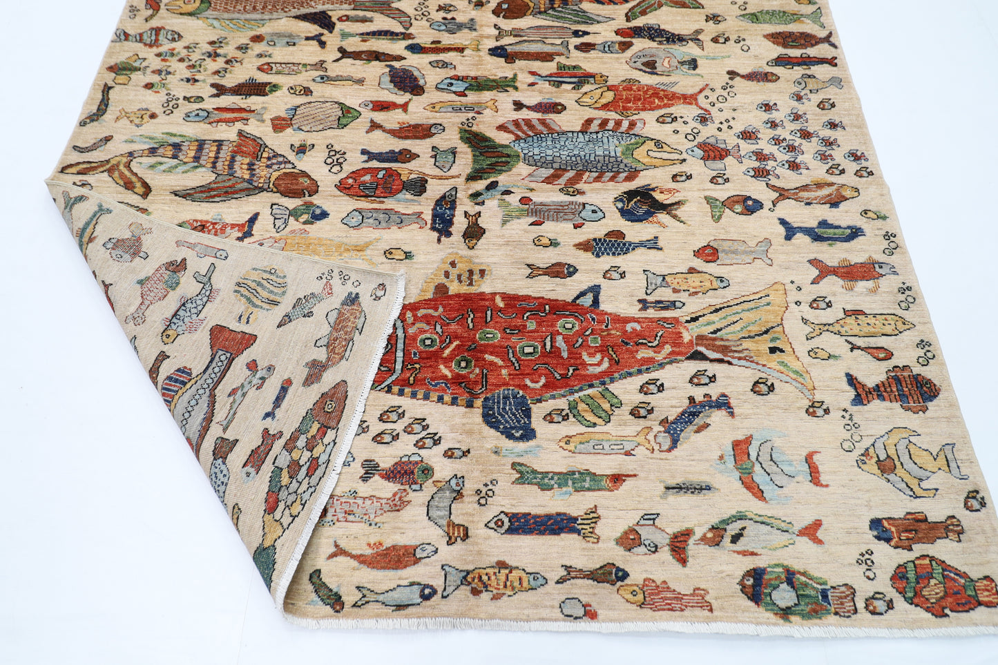 198 x 297 cm | Oriental Fish beige Area Rug Afghan Hand Knotted Veg Dye Wool carpet