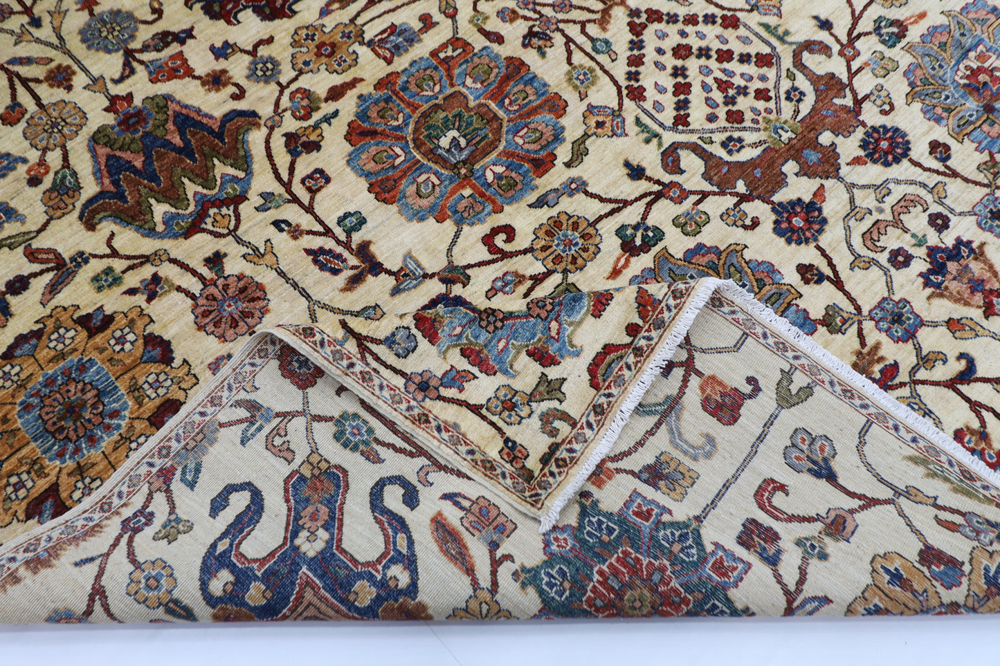 305 x 420 cm | Beige Floral Handmade Afghan Area Rug Hand Knotted Carpet Living Room Rug