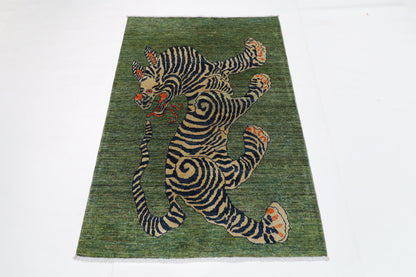 103 x 148 cm | Tribal Tiger Green Area Rug Afghan Hand Knotted veg Dye Wool carpet