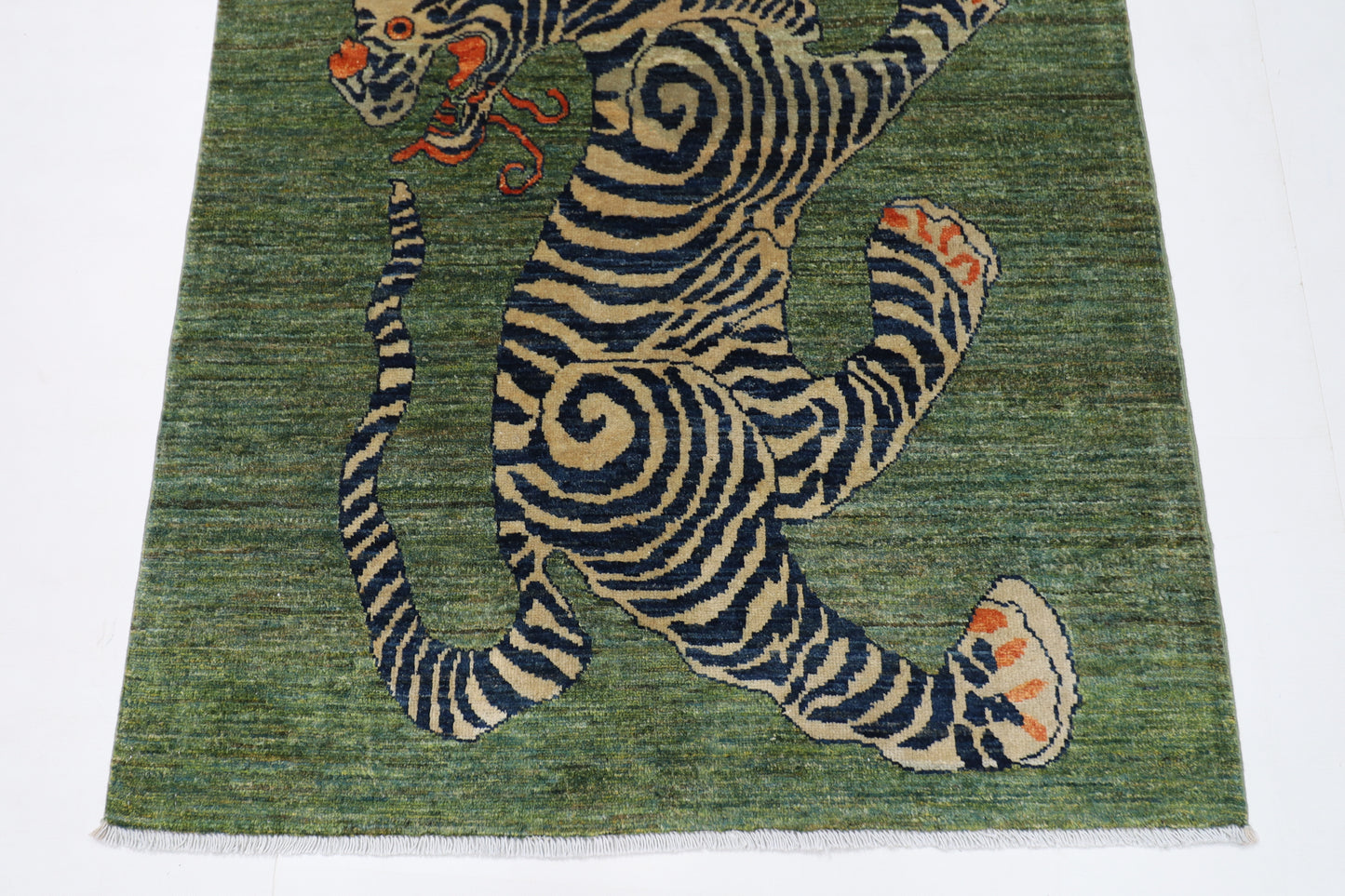 103 x 148 cm | Tribal Tiger Green Area Rug Afghan Hand Knotted veg Dye Wool carpet