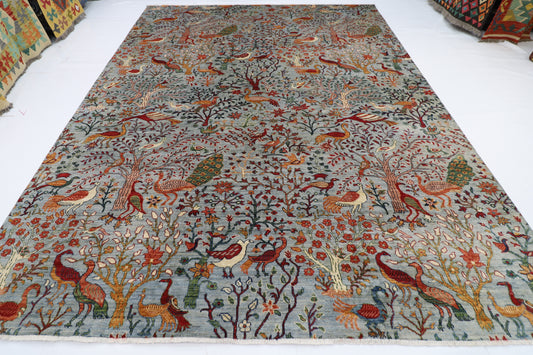 271 x 357 cm | Birds Blueish Gray Handmade Afghan Area Rug Hand Knotted Carpet Living Room Rug