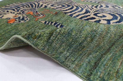 103 x 148 cm | Tribal Tiger Green Area Rug Afghan Hand Knotted veg Dye Wool carpet