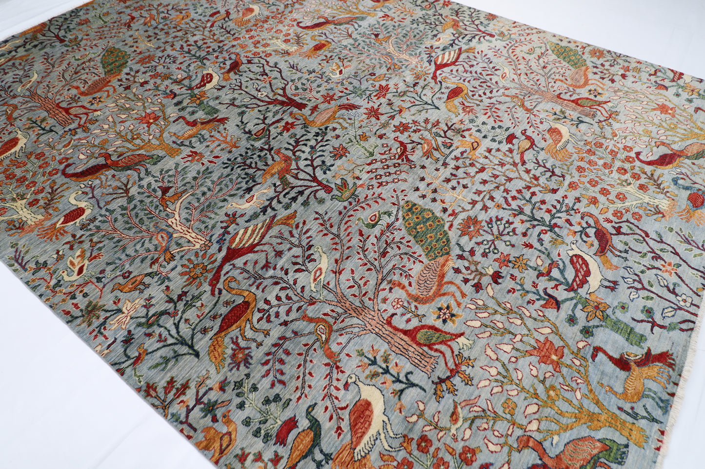 271 x 357 cm | Birds Blueish Gray Handmade Afghan Area Rug Hand Knotted Carpet Living Room Rug
