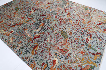 271 x 357 cm | Birds Blueish Gray Handmade Afghan Area Rug Hand Knotted Carpet Living Room Rug