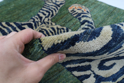 103 x 148 cm | Tribal Tiger Green Area Rug Afghan Hand Knotted veg Dye Wool carpet