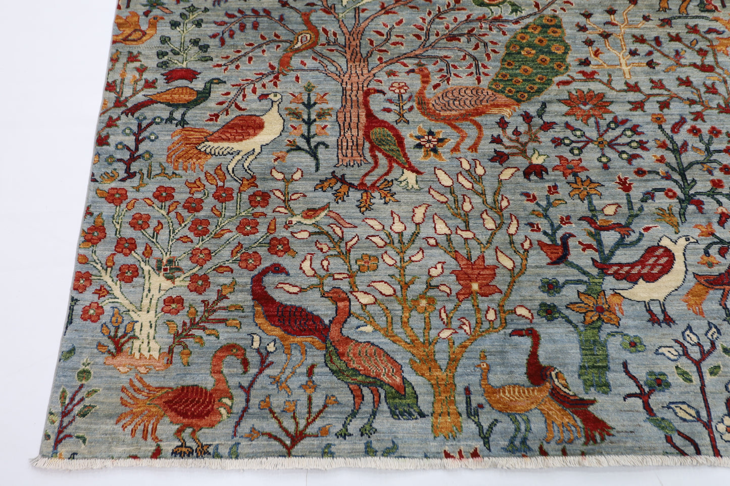 271 x 357 cm | Birds Blueish Gray Handmade Afghan Area Rug Hand Knotted Carpet Living Room Rug