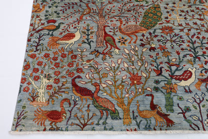 271 x 357 cm | Birds Blueish Gray Handmade Afghan Area Rug Hand Knotted Carpet Living Room Rug
