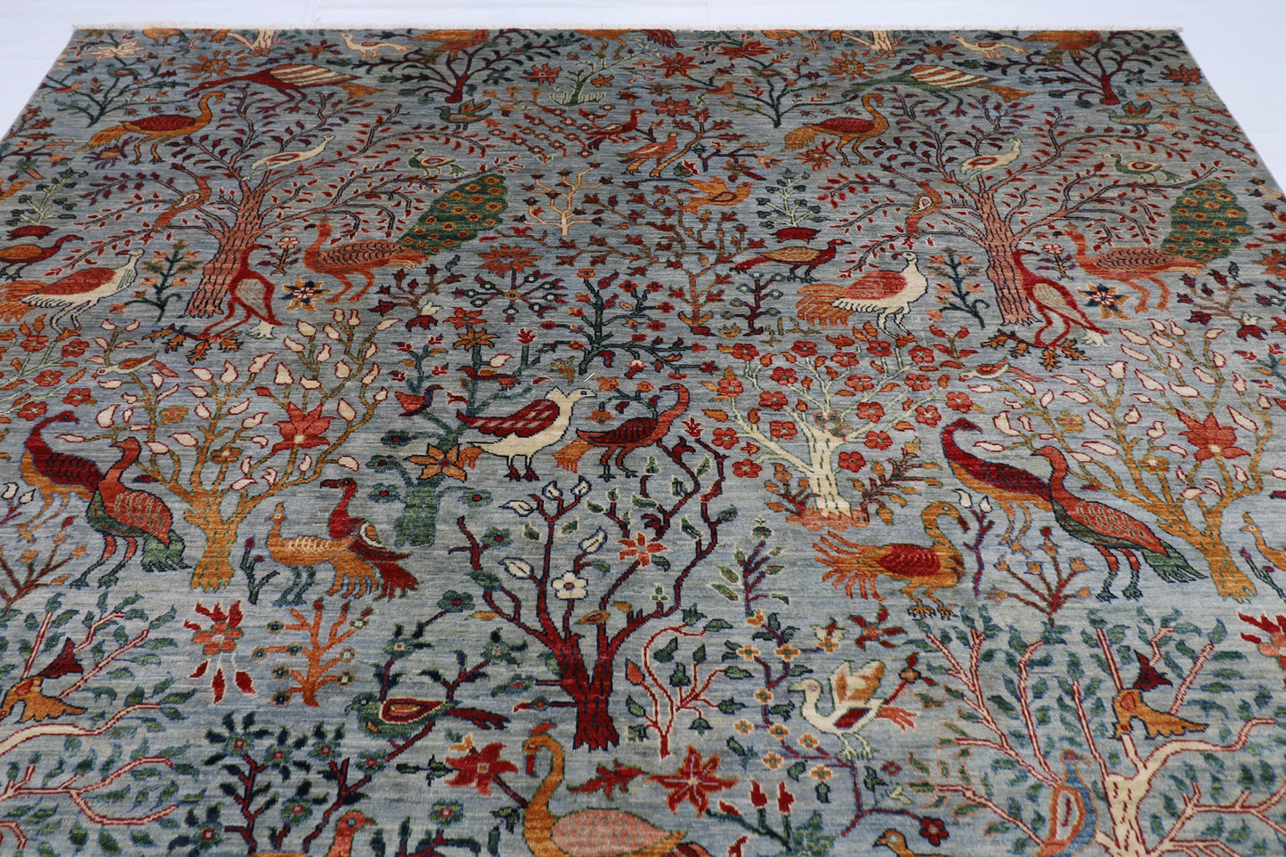 271 x 357 cm | Birds Blueish Gray Handmade Afghan Area Rug Hand Knotted Carpet Living Room Rug