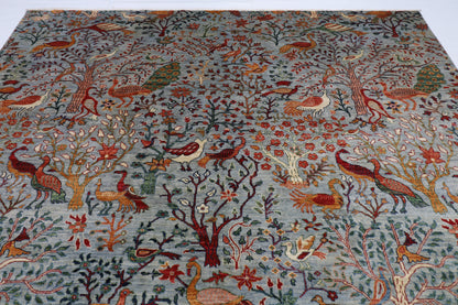 271 x 357 cm | Birds Blueish Gray Handmade Afghan Area Rug Hand Knotted Carpet Living Room Rug