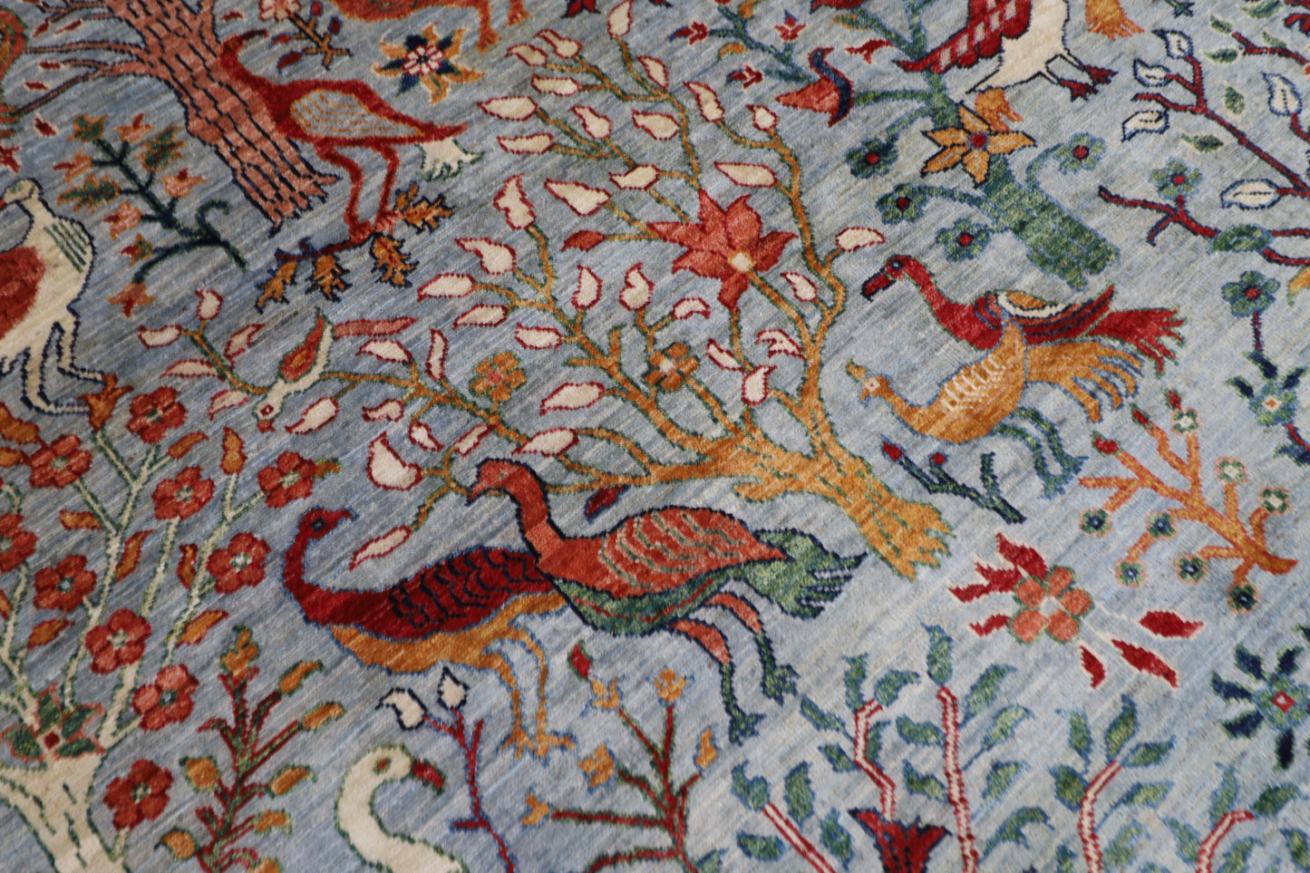 271 x 357 cm | Birds Blueish Gray Handmade Afghan Area Rug Hand Knotted Carpet Living Room Rug