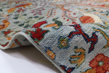 271 x 357 cm | Birds Blueish Gray Handmade Afghan Area Rug Hand Knotted Carpet Living Room Rug