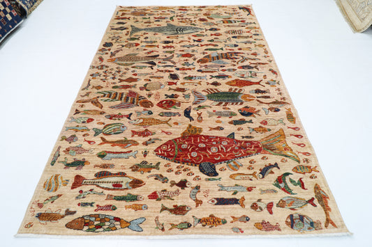 186 x 277 cm | Oriental Fish beige Area Rug Afghan Hand Knotted Veg Dye Wool carpet
