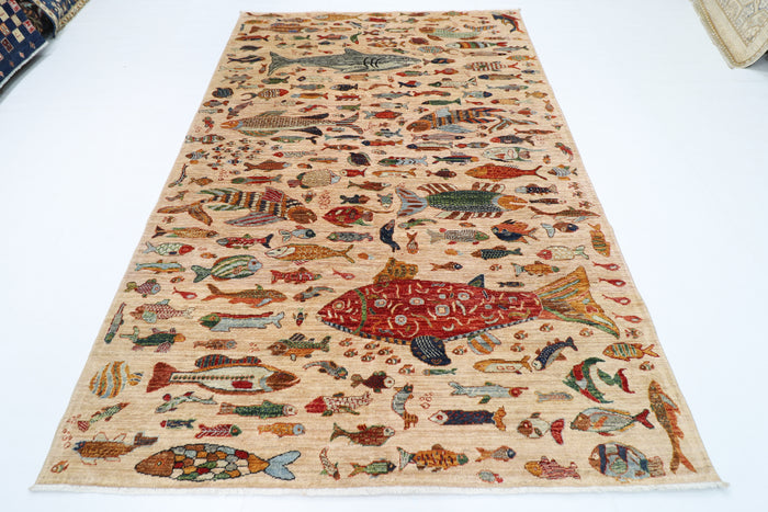 186 x 277 cm | Oriental Fish beige Area Rug Afghan Hand Knotted Veg Dye Wool carpet