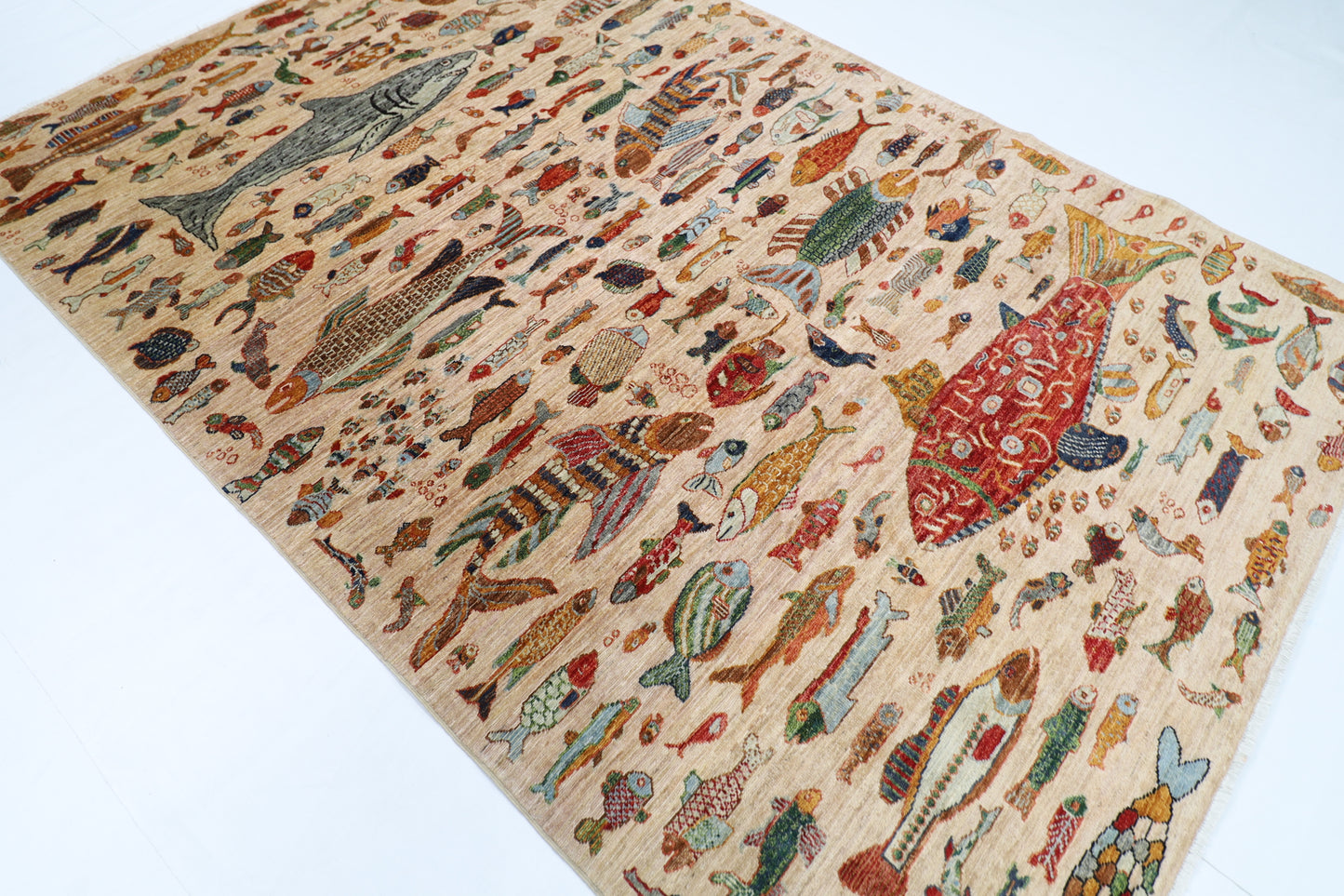 186 x 277 cm | Oriental Fish beige Area Rug Afghan Hand Knotted Veg Dye Wool carpet