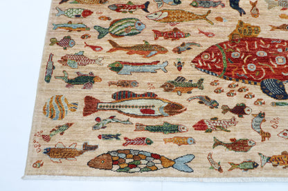 186 x 277 cm | Oriental Fish beige Area Rug Afghan Hand Knotted Veg Dye Wool carpet