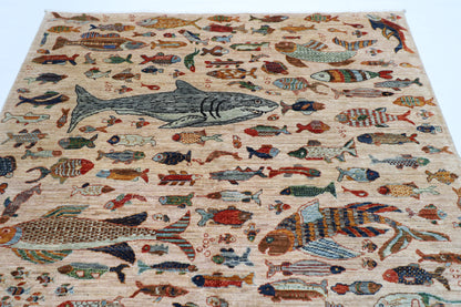 186 x 277 cm | Oriental Fish beige Area Rug Afghan Hand Knotted Veg Dye Wool carpet