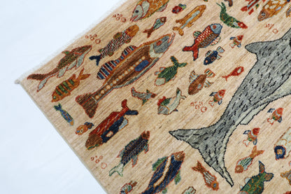 186 x 277 cm | Oriental Fish beige Area Rug Afghan Hand Knotted Veg Dye Wool carpet