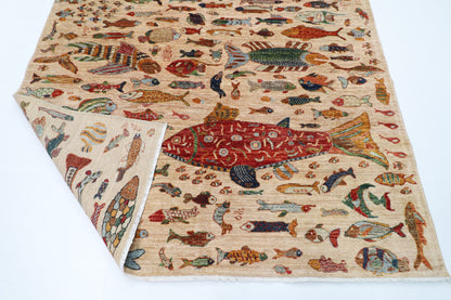 186 x 277 cm | Oriental Fish beige Area Rug Afghan Hand Knotted Veg Dye Wool carpet