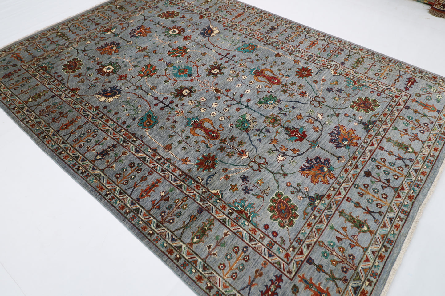213 x 298 cm | Oriental Gray Area Rug Afghan Hand Knotted veg Dye Wool Carpet