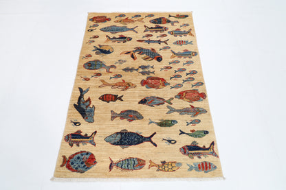 103 x 150 cm | Tribal Fish beige Area Rug Afghan Hand Knotted veg Dye Wool carpet